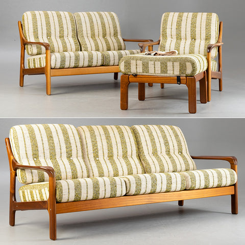 Teak seating group. 3 seater, 2 seater + armchair with a footstool