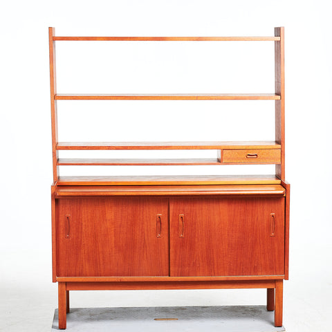 Teak SIDEBOARD with shelf,  1960s, pull out desk, sliding doors , upper part bookshelf.