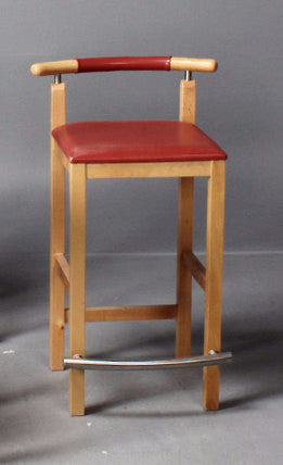 Beech and Metal Frame Barstool with Red Leather Seat and Back