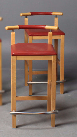 Two Beech and Metal Frame Barstools with Red Leather Seats and Backs