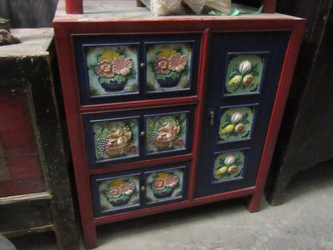 Red and Blue Painted Antique Cabinet with Painted Floral Carvings