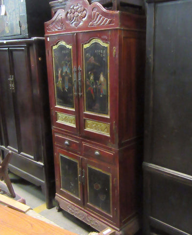 Red Painted Antique Cabinet with Painted Art Doors