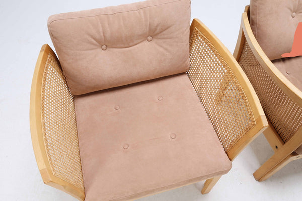 Two Plexus living room beech armchairs with split cane inserts, Illum Wikkelsø.