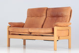 SOLID OAK Sofa, cognac colored leather Skipper's Furniture.