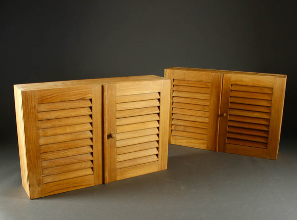 Pair of wall-mounted cabinets in solid teak wood