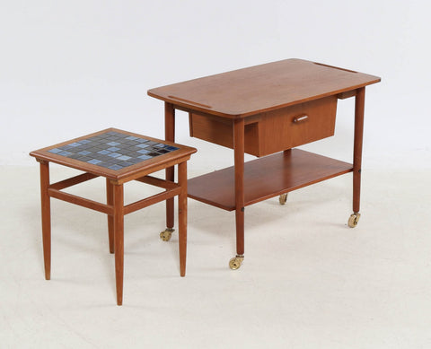 Sewing / end table/serving cart  and small teak side table