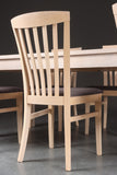 Rectangular dining table with extra leaves and six chairs, white pigmented oak