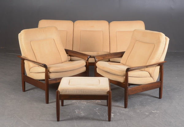 H. W. Klein for Bramin. Mahogany sofa, two armchairs and footstool