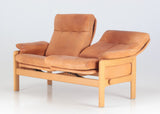 SOLID OAK Sofa, cognac colored leather Skipper's Furniture.