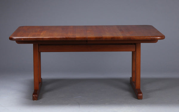 Impressive, Huge, solid teak pedestal based dining table with 2 self storing leaves