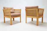 Two Plexus living room beech armchairs with split cane inserts, Illum Wikkelsø.