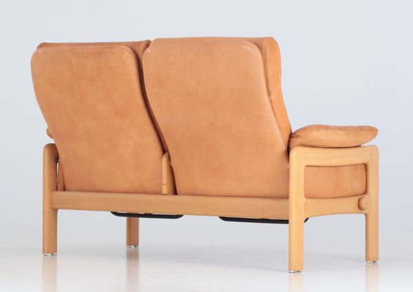 SOLID OAK Sofa, cognac colored leather Skipper's Furniture.