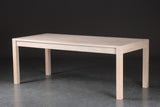 Rectangular dining table with extra leaves and six chairs, white pigmented oak