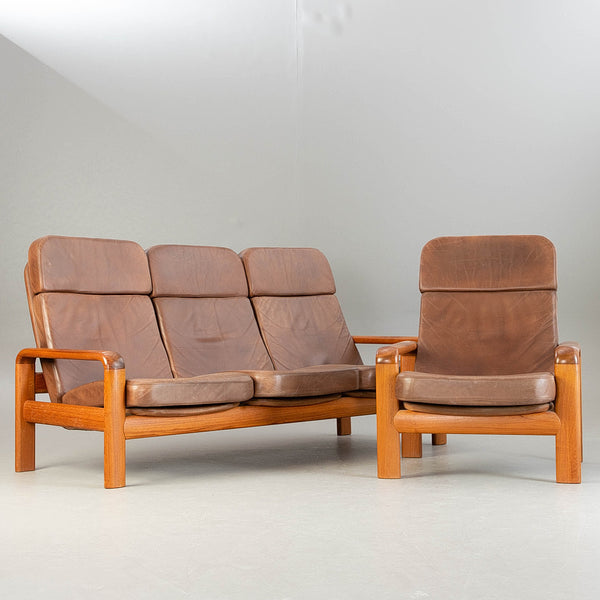 Dyrlund high back leather, Solid Teak 3 seater sofa and matching chair