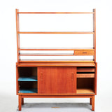Teak SIDEBOARD with shelf,  1960s, pull out desk, sliding doors , upper part bookshelf.