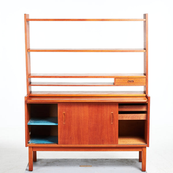Teak SIDEBOARD with shelf,  1960s, pull out desk, sliding doors , upper part bookshelf.