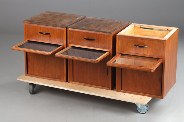Teak night tables with tambour doors and pull out shelves
