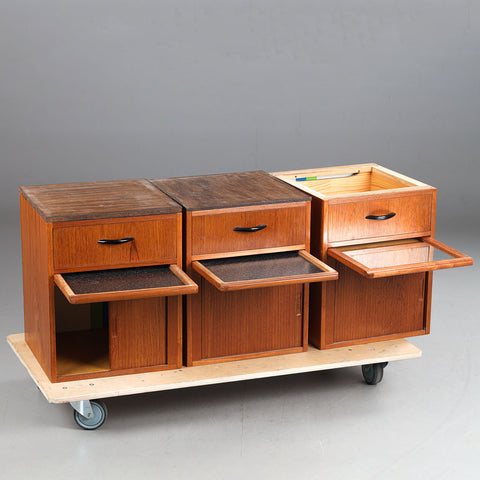 Teak night tables with tambour doors and pull out shelves