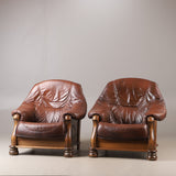 2 OAK ARMCHAIRS,  oak/brown leather, late 20th century.