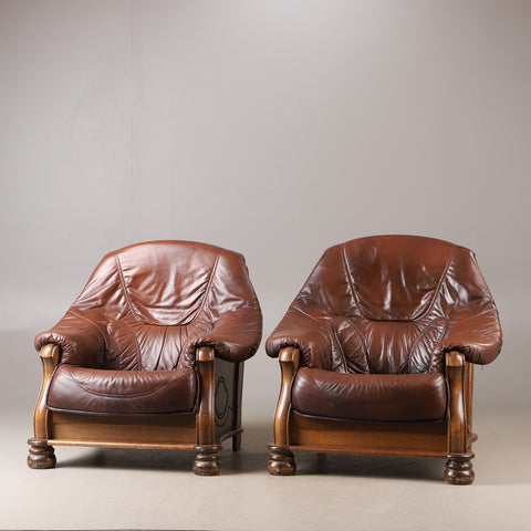 2 OAK ARMCHAIRS,  oak/brown leather, late 20th century.