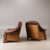 2 OAK ARMCHAIRS,  oak/brown leather, late 20th century.