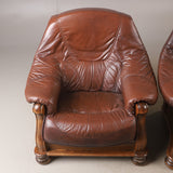 2 OAK ARMCHAIRS,  oak/brown leather, late 20th century.