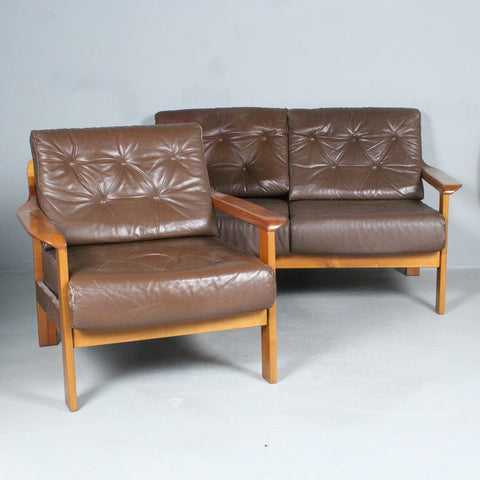 Teak leather two-seater and armchair, 1970s