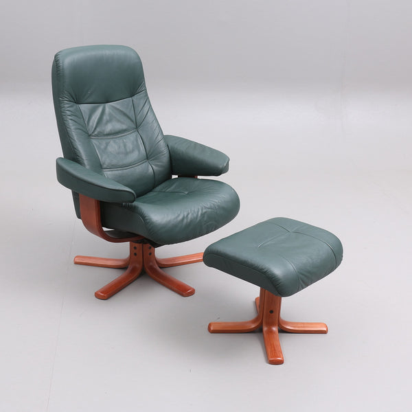 SPINNING ARMCHAIR WITH FOOTSTOOL, green leatherette, 1900/2000s.