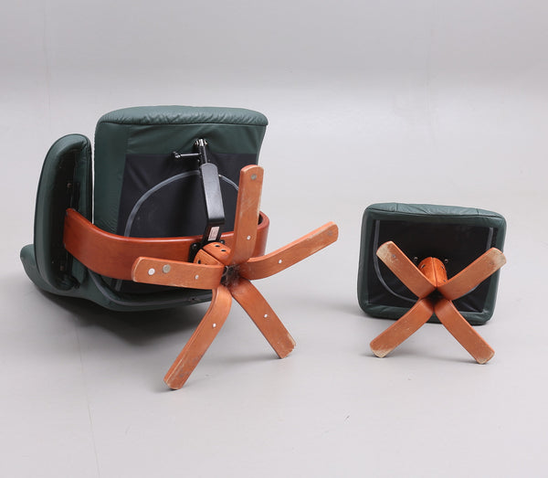 SPINNING ARMCHAIR WITH FOOTSTOOL, green leatherette, 1900/2000s.
