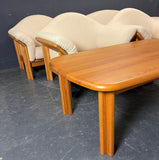 TEAK SOFA AND 3 MATCHING ONE SEATER SOFA CHAIRS WITH MATCHING COFFEE TABLE
