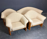 TEAK SOFA AND 3 MATCHING ONE SEATER SOFA CHAIRS WITH MATCHING COFFEE TABLE
