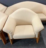 TEAK SOFA AND 3 MATCHING ONE SEATER SOFA CHAIRS WITH MATCHING COFFEE TABLE