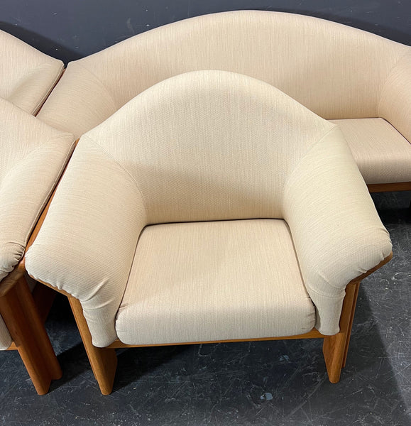 TEAK SOFA AND 3 MATCHING ONE SEATER SOFA CHAIRS WITH MATCHING COFFEE TABLE
