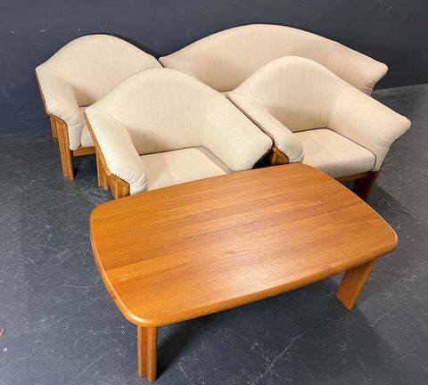 TEAK SOFA AND 3 MATCHING ONE SEATER SOFA CHAIRS WITH MATCHING COFFEE TABLE