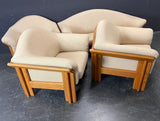 TEAK SOFA AND 3 MATCHING ONE SEATER SOFA CHAIRS WITH MATCHING COFFEE TABLE