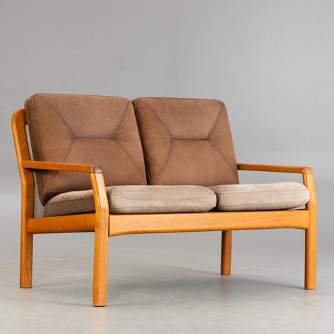 Solid teak framed leather Loveseat,