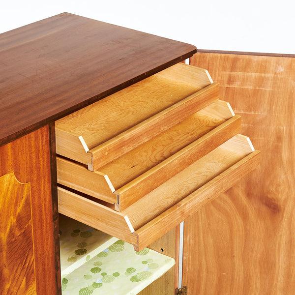 CABINET, circa 1940s, veneered with mahogany, background interior with file drawers and shelves.