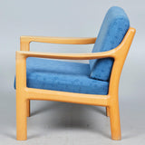 C. F. CHRISTENSEN. CFC Silkeborg, living room chair with stool, beech, wool, 1970s, Denmark