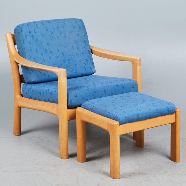 C. F. CHRISTENSEN. CFC Silkeborg, living room chair with stool, beech, wool, 1970s, Denmark