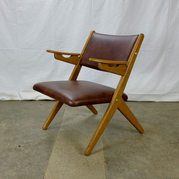 Brown Leather Armchair with Oak Frame and Teak Arms by Arne Hovmand-Olsen