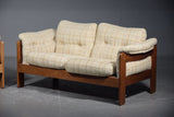 Solid teak framed chair and matching Love seat. / wool upholstery