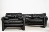 Vico Magistretti, 2-seater sofas and one chair model Maralunga in black leather for Cassina (2)