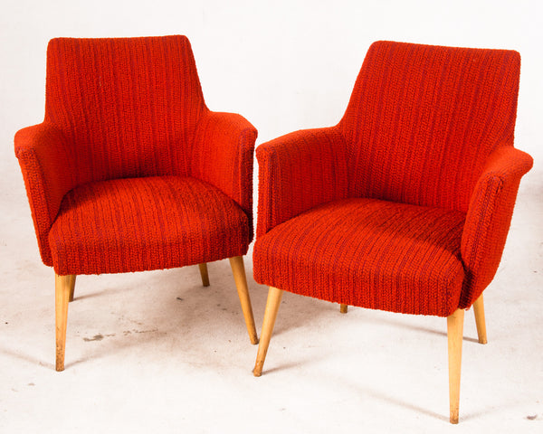 Two Red Fabric Armchairs with Wood Legs