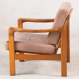 Sideview of Teak Frame Armchair with Beige Cushions