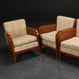 Cane & Mahogany Chairs with Tan Striped Wool Upholstery