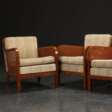 Cane & Mahogany Armchairs with Tan Striped Wool Upholstery