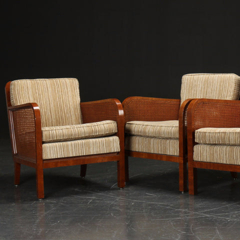 Cane & Mahogany Armchairs with Tan Striped Wool Upholstery