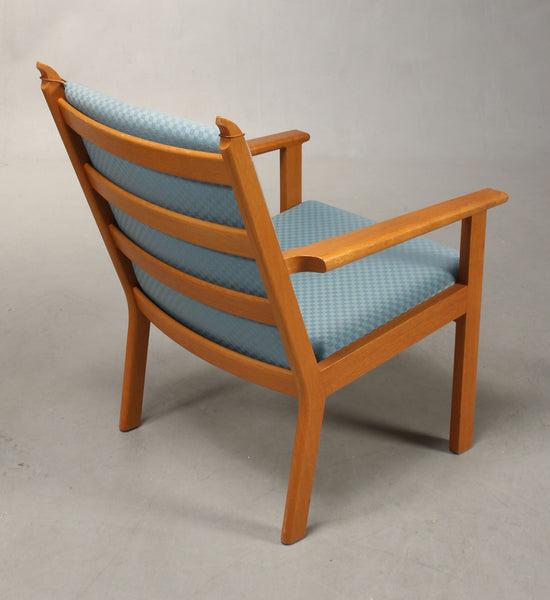 Backside of Oak Armchair with Baby Blue Wool Upholstery by Hans J. Wegner