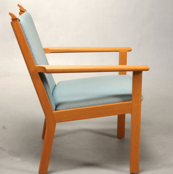 Side View of Oak Armchair with Baby Blue Wool Upholstery by Hans J. Wegner