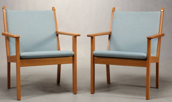 Two Oak Armchairs with Baby Blue Wool Upholstery by Hans J. Wegner